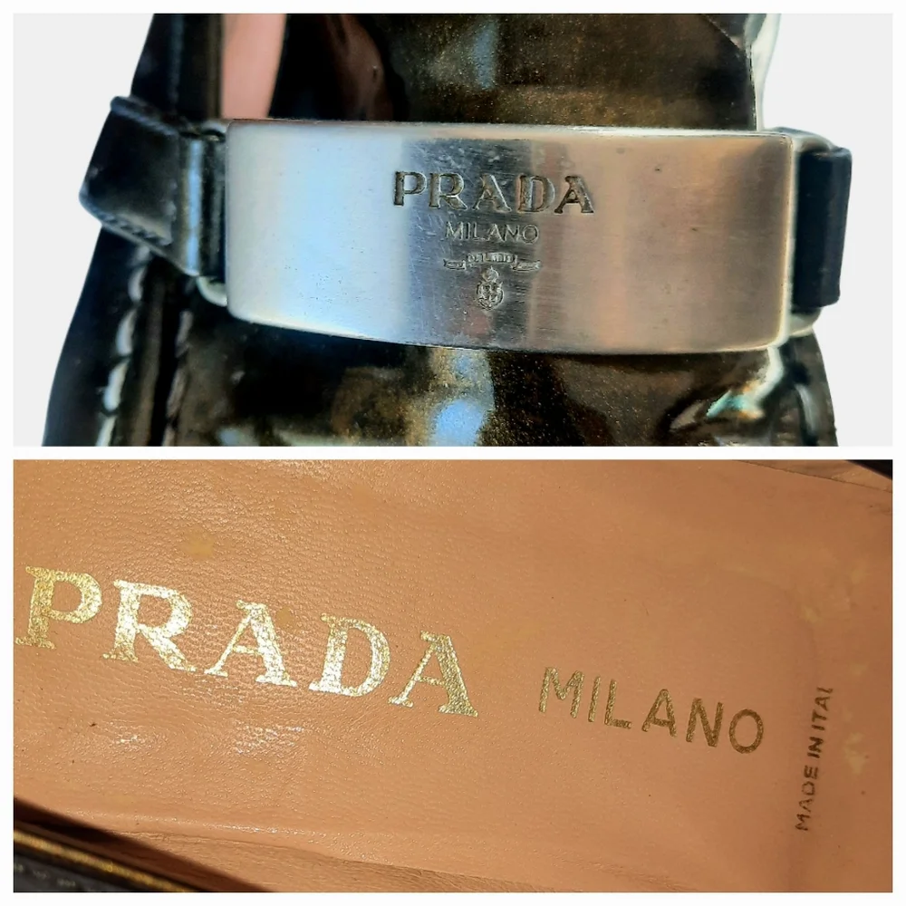 Vintage Y2K PRADA Patent Leather Square Toe Classic Loafers Sz 9.5/40 Dk Olive - Picture 10 of 10